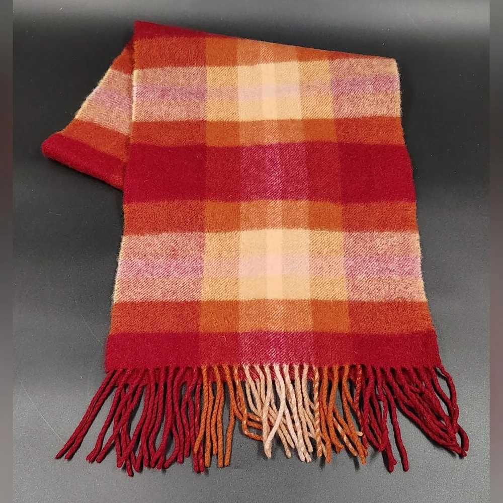 Checked Fringe Scarf in Red and Orange Men's Womens Unisex - Picture 2 of 10